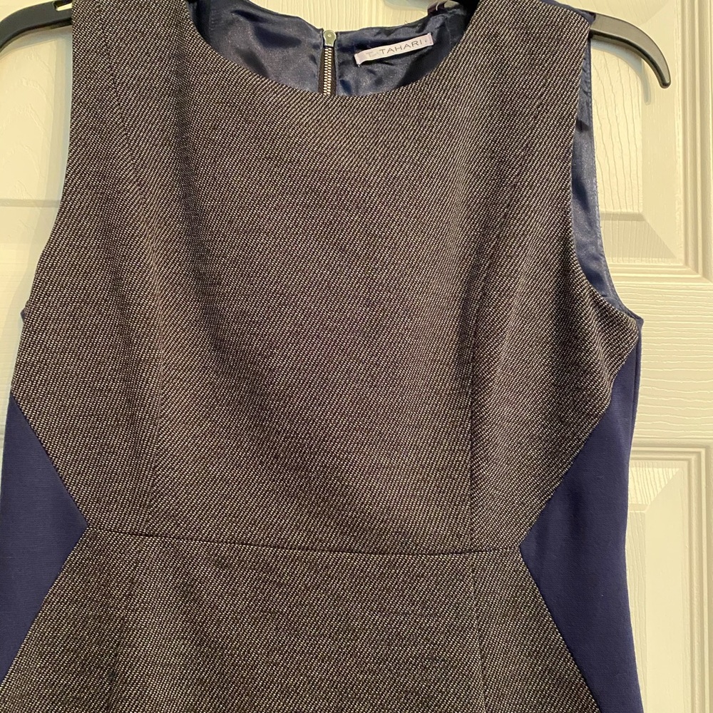 Tahari Navy Blue and Grey shift dress
